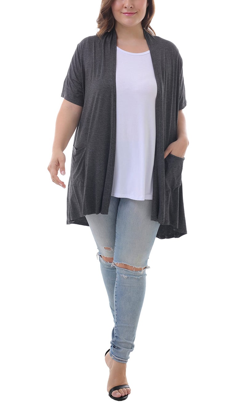 ZERDOCEAN Women's Plus Size Short Sleeve Lightweight Soft Printed Drape Cardigan with Pockets Dark Gray 3X - Image 4